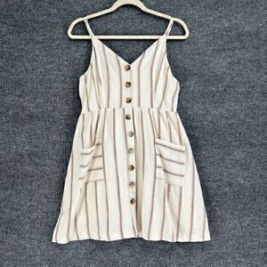 Gilli Linen Blend Dress Womens Large Off White Striped Sleeveless Lined Pockets